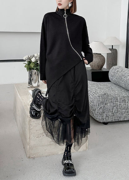 French Black High Neck Zip Up Patchwork Asymmetrical Knit Sweaters