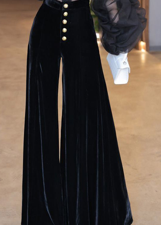 French Black High Waist Single Breast Silk Velvet Flare Bottoms Spring