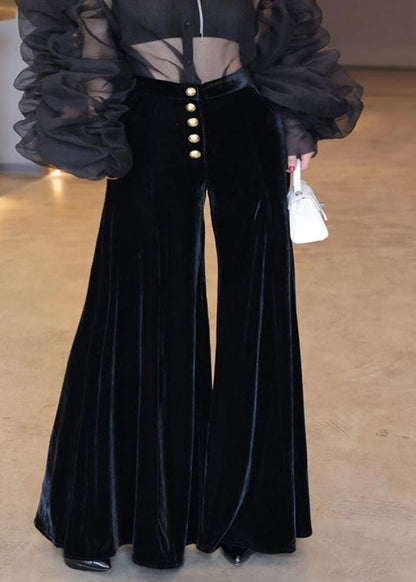 French Black High Waist Single Breast Silk Velvet Flare Bottoms Spring