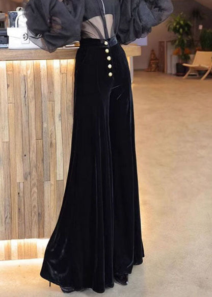 French Black High Waist Single Breast Silk Velvet Flare Bottoms Spring