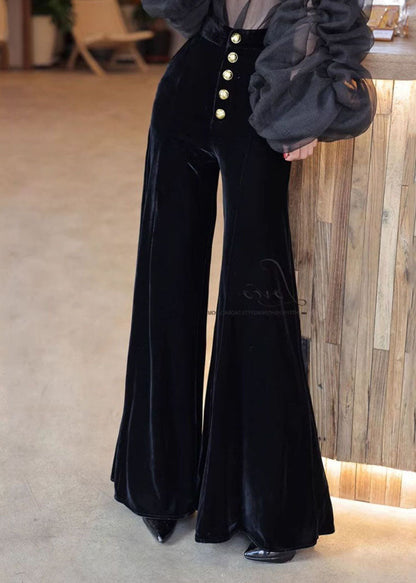 French Black High Waist Single Breast Silk Velvet Flare Bottoms Spring
