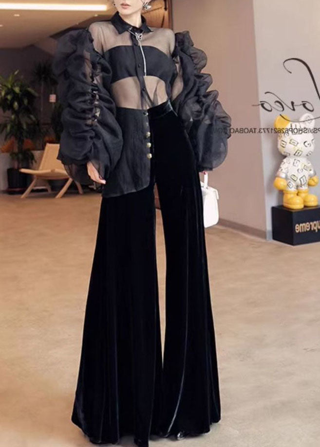 French Black High Waist Single Breast Silk Velvet Flare Bottoms Spring