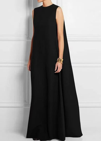French Black High Waist Solid Cotton Ankle Dress Sleeveless