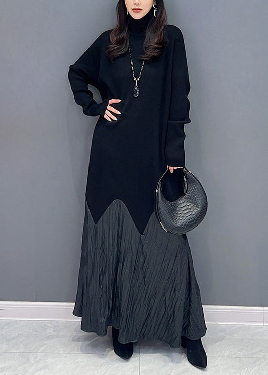 French Black Hign Neck Patchwork Knit Sweater Dress Fall