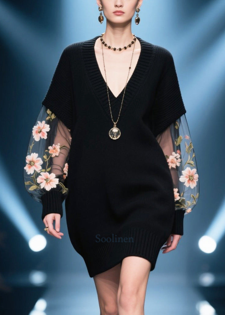 French Black Hollow Out Patchwork Tulle Sweater Dress Fall