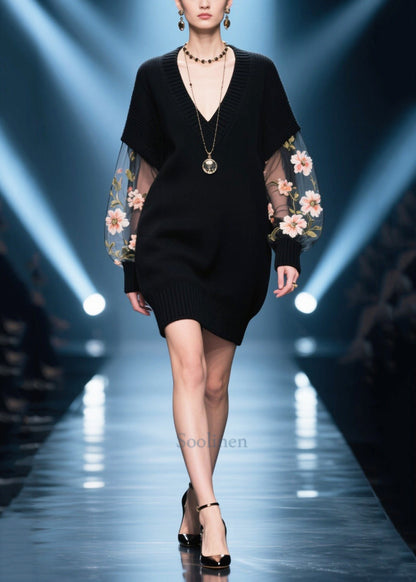 French Black Hollow Out Patchwork Tulle Sweater Dress Fall