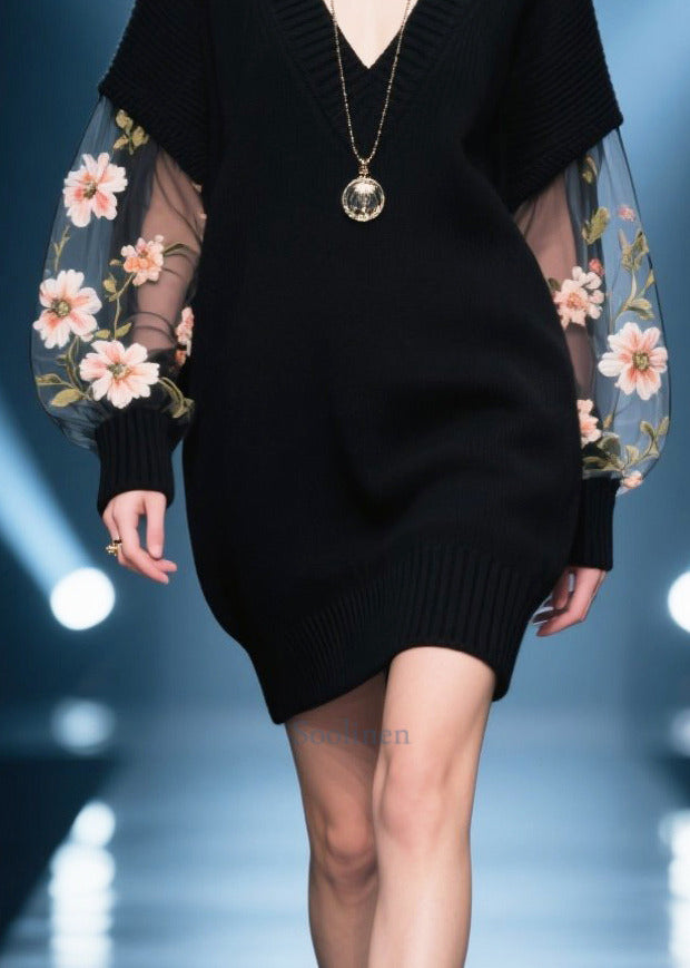 French Black Hollow Out Patchwork Tulle Sweater Dress Fall