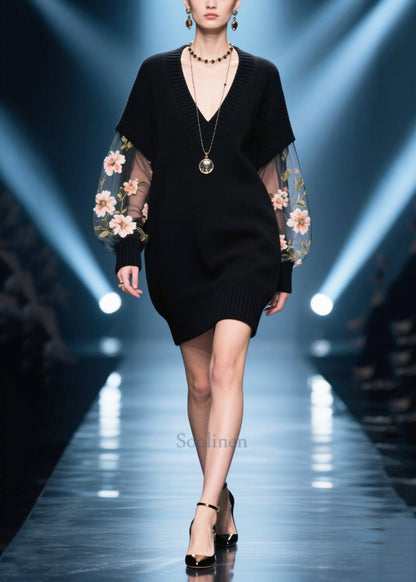 French Black Hollow Out Patchwork Tulle Sweater Dress Fall