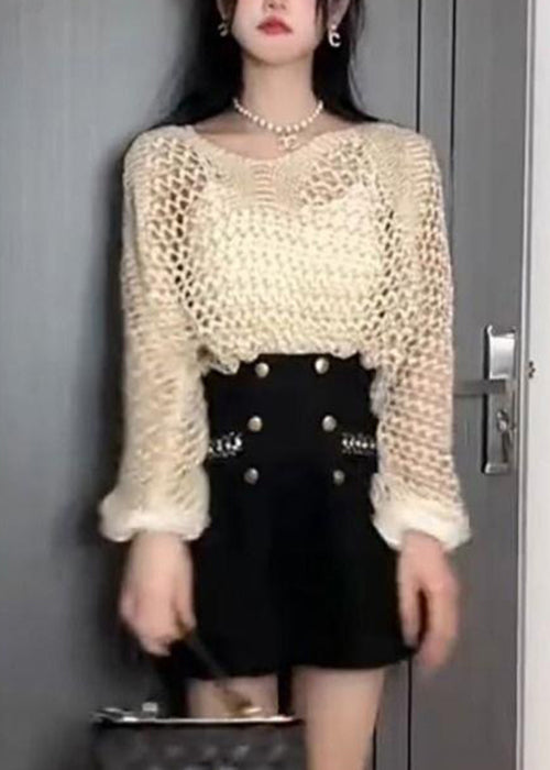 French Black Hollow Out Thin Knit Sweater Batwing Sleeve