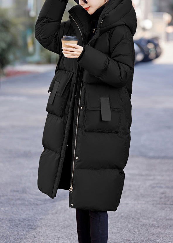 French Black Hooded Pockets Duck Down Winter Coats