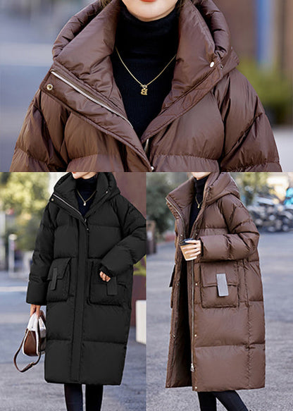 French Black Hooded Pockets Duck Down Winter Coats