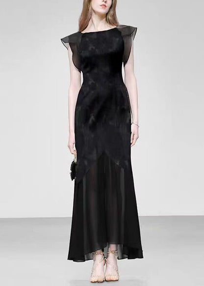 French Black Jacquard Patchwork Chiffon Evening Dress Summer