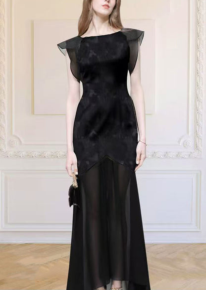 French Black Jacquard Patchwork Chiffon Evening Dress Summer