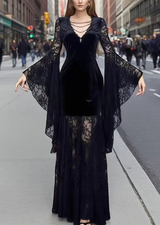 French Black Lace Patchwork Silk Velvet Evening Dresses Flare Sleeve