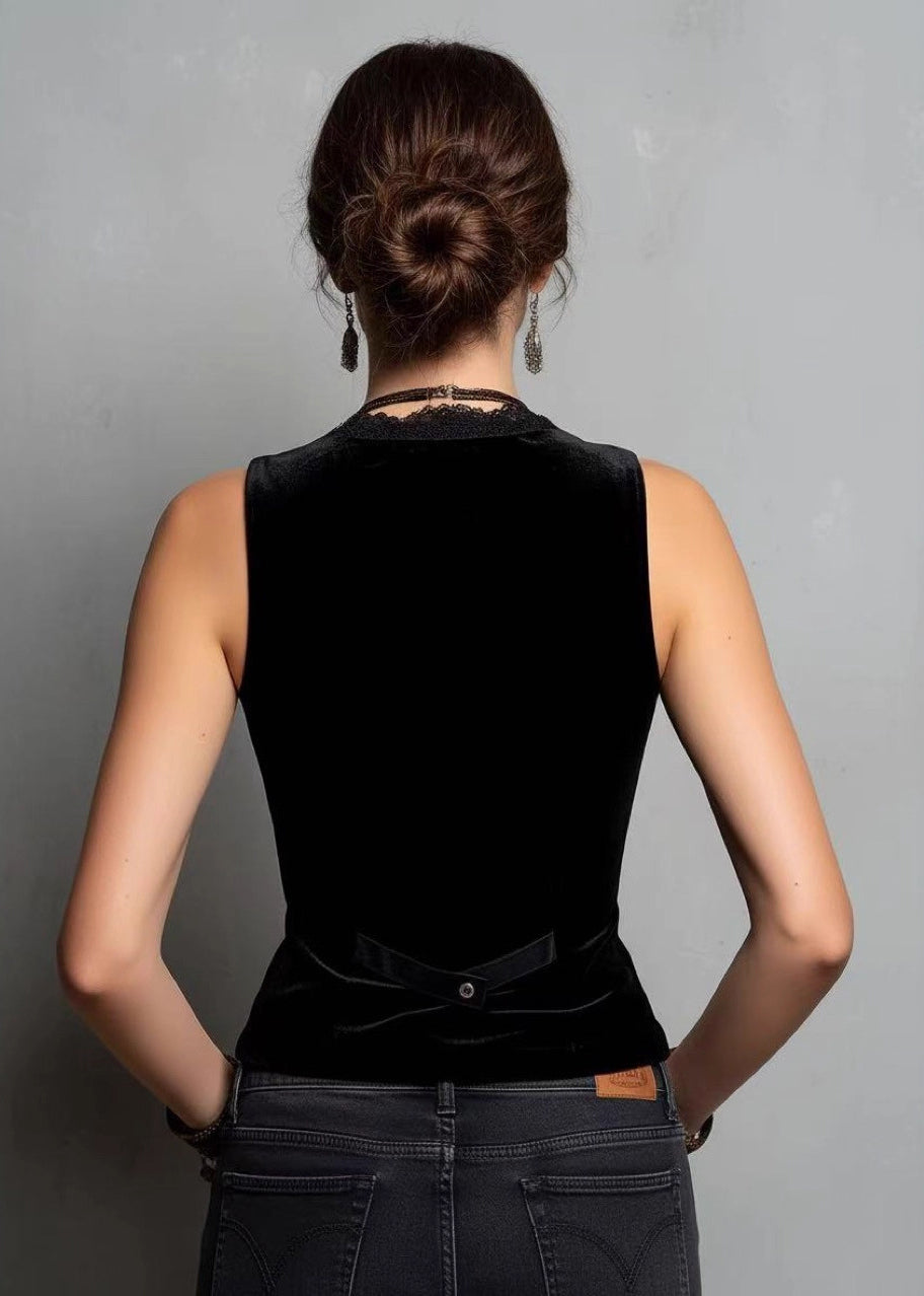 French Black Lace Patchwork Velour Vest Sleeveless