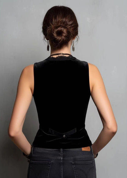 French Black Lace Patchwork Velour Vest Sleeveless