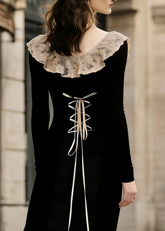 French Black Lace Patchwork Wear On Both Sides Cotton Maxi Dress Lace Up Spring