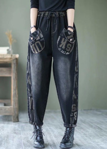 French Black Letter Print Patchwork Pockets Denim Harem Pants Winter