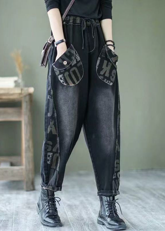 French Black Letter Print Patchwork Pockets Denim Harem Pants Winter