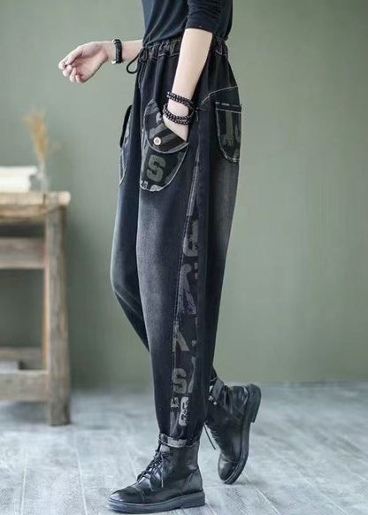 French Black Letter Print Patchwork Pockets Denim Harem Pants Winter