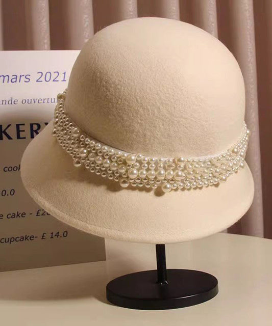 French Black Nail Bead Woolen Bucket Hat