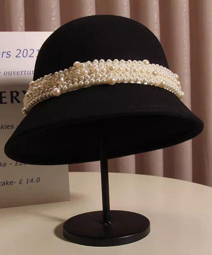 French Black Nail Bead Woolen Bucket Hat