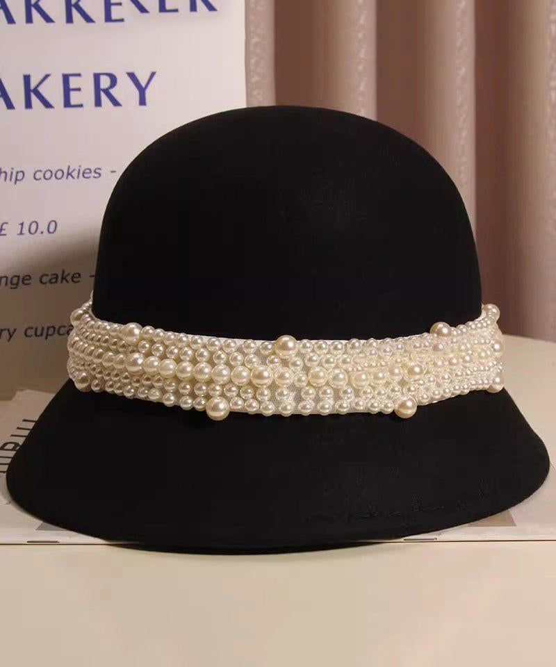 French Black Nail Bead Woolen Bucket Hat