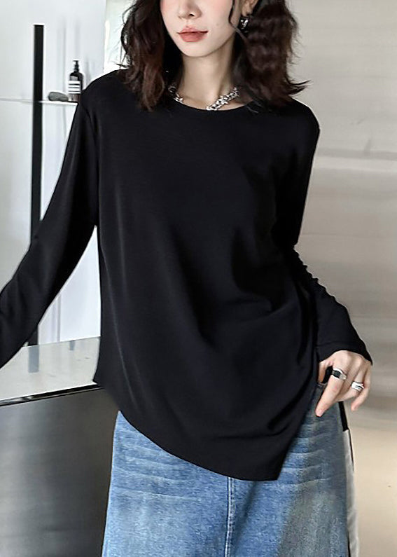 French Black O-Neck Asymmetrical Cotton Sweatshirt Fall