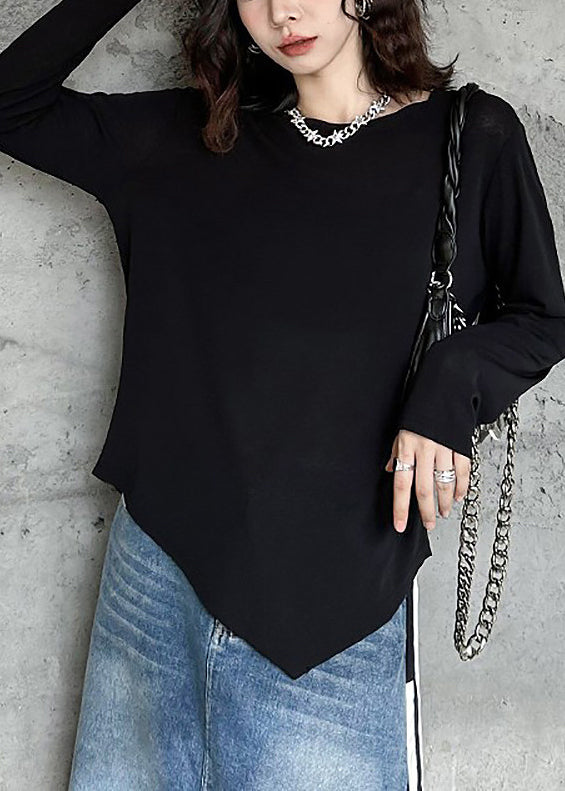 French Black O-Neck Asymmetrical Cotton Sweatshirt Fall