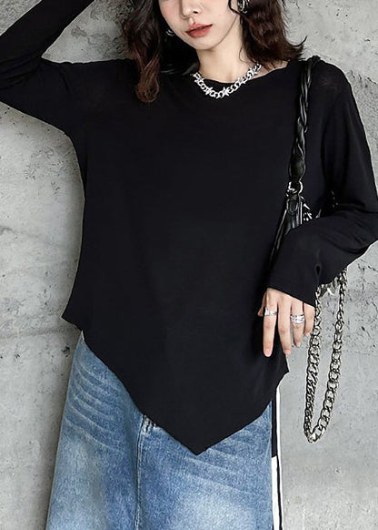 French Black O-Neck Asymmetrical Cotton Sweatshirt Fall
