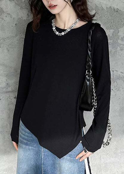 French Black O-Neck Asymmetrical Cotton Sweatshirt Fall