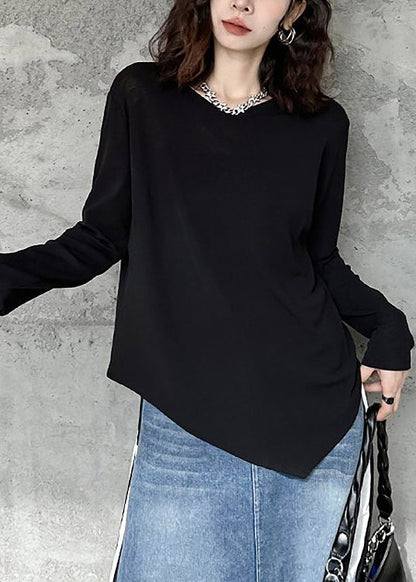 French Black O-Neck Asymmetrical Cotton Sweatshirt Fall
