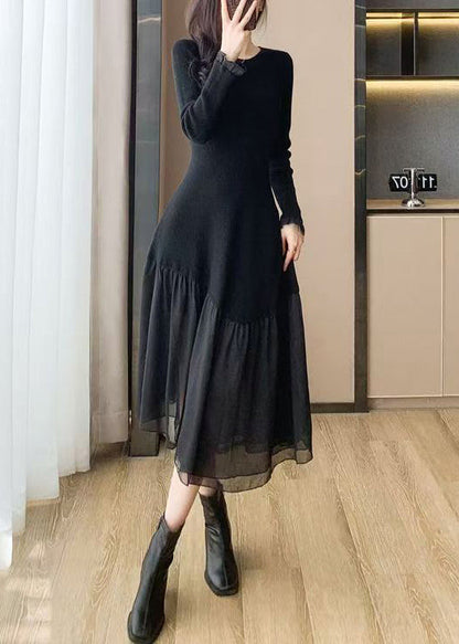 French Black O Neck Asymmetrical Patchwork Knit Long Sweater Winter