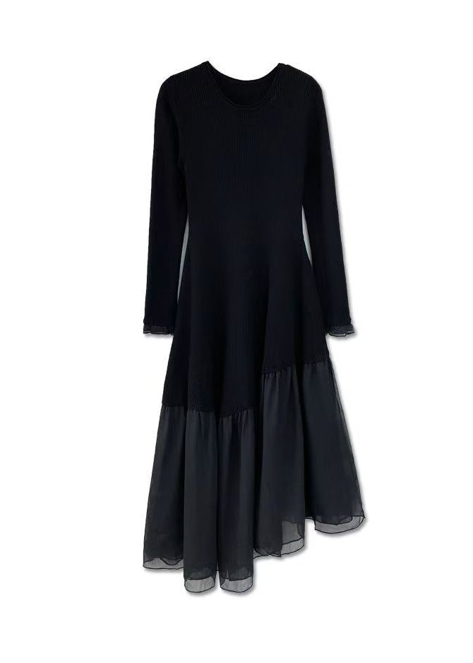 French Black O Neck Asymmetrical Patchwork Knit Long Sweater Winter