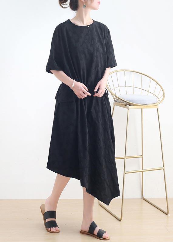French Black O-Neck Cinched Long Summer Linen Dress - SooLinen