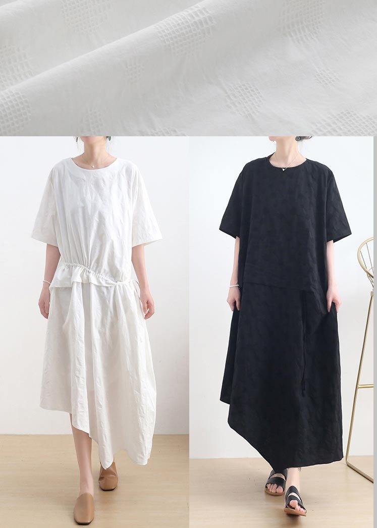 French Black O-Neck Cinched Long Summer Linen Dress - SooLinen