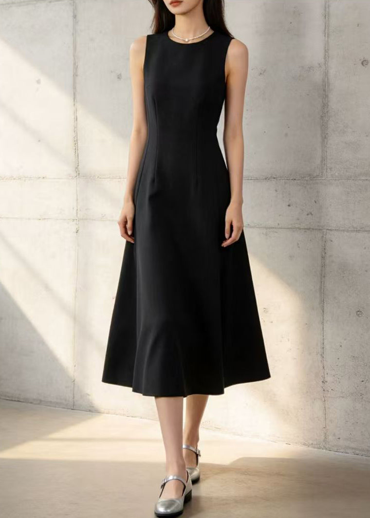French Black O-Neck Cotton A Line Dress Sleeveless