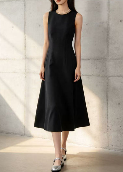 French Black O-Neck Cotton A Line Dress Sleeveless