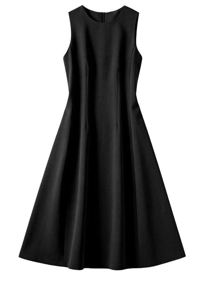 French Black O-Neck Cotton A Line Dress Sleeveless