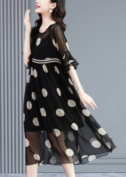 French Black O-Neck Dot Print Silk Dress Two Pieces Set Flare Sleeve