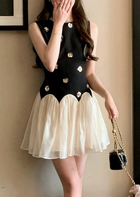 French Black O-Neck Floral Mid Dresses Summer