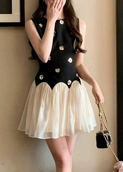 French Black O-Neck Floral Mid Dresses Summer