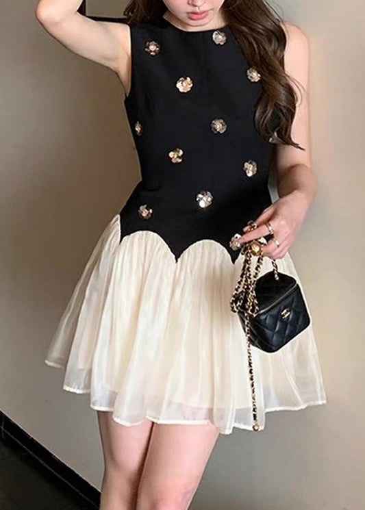 French Black O-Neck Floral Mid Dresses Summer