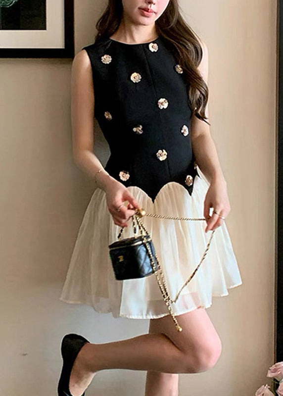 French Black O-Neck Floral Mid Dresses Summer