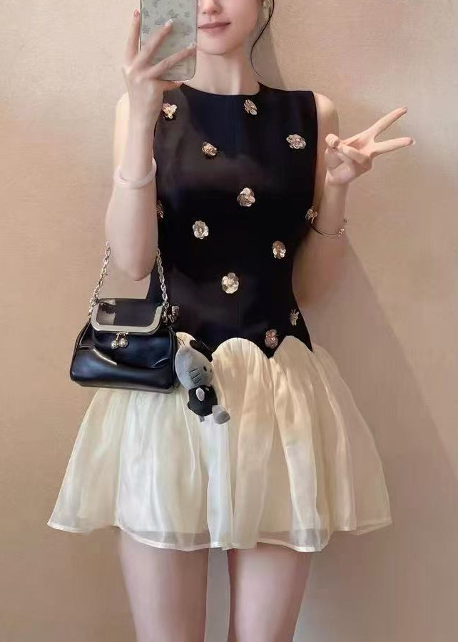 French Black O-Neck Floral Mid Dresses Summer