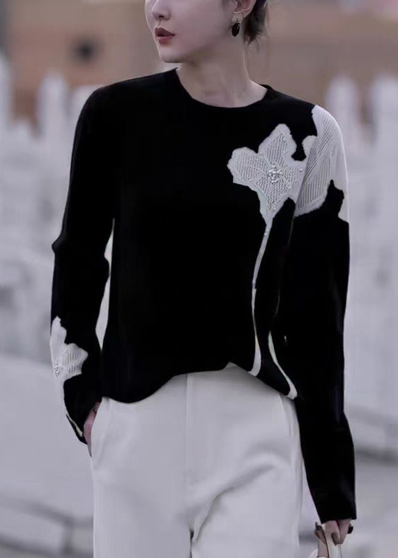 French Black O Neck Floral Nail Bead Knit Sweater Fall