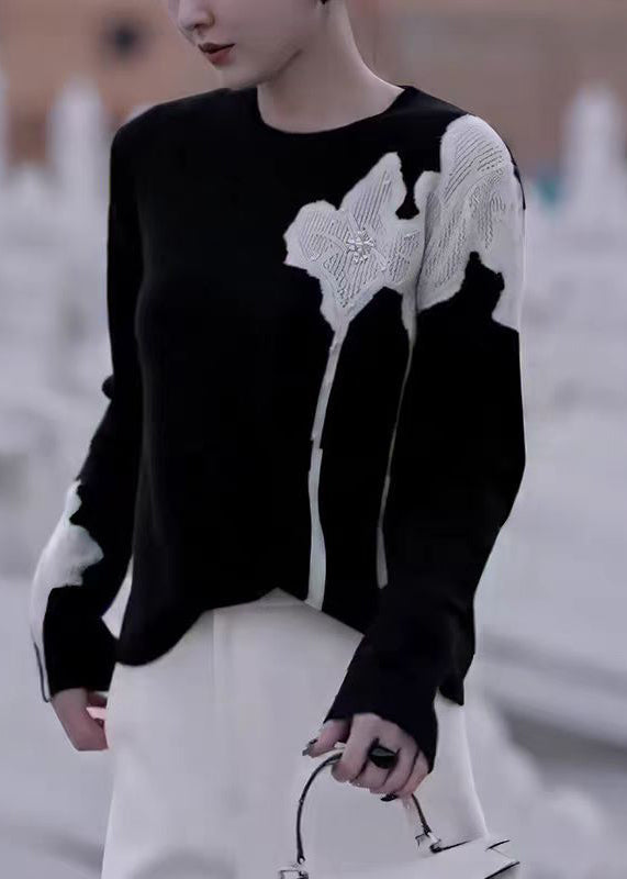 French Black O Neck Floral Nail Bead Knit Sweater Fall