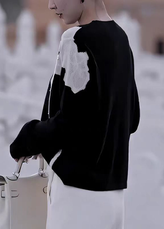 French Black O Neck Floral Nail Bead Knit Sweater Fall