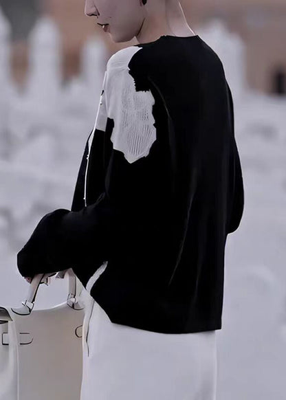 French Black O Neck Floral Nail Bead Knit Sweater Fall