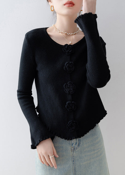 French Black O Neck Floral Ruffled Knitted Tops Spring